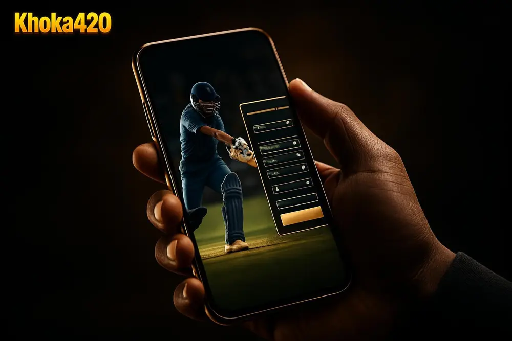 Khoka420 Betting — a fan watching cricket on a phone with a betting slip overlay