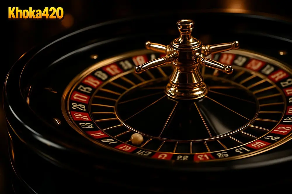 Khoka420 Casino — a roulette wheel spinning under warm golden casino lighting