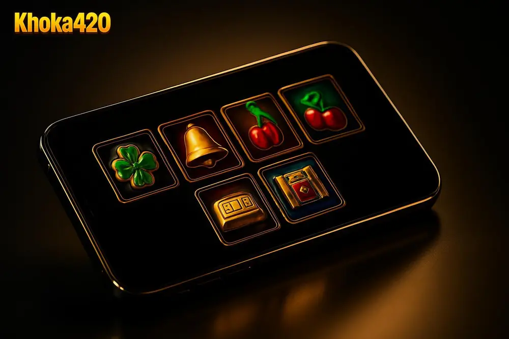 Khoka420 Bangladesh — a smartphone displaying colorful slot game icons on a black gold background