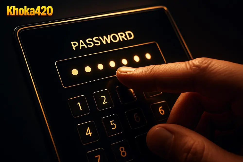 Khoka420 Login — a hand entering a password on a glowing black and gold interface