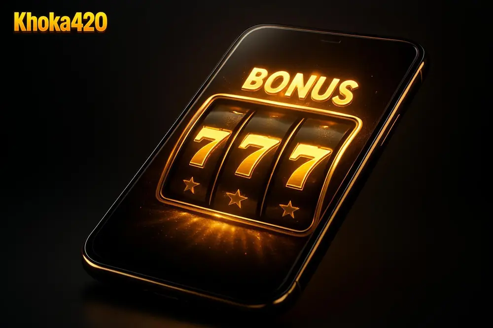 Khoka420 Slots — a smartphone glowing with a golden slot game bonus round animation